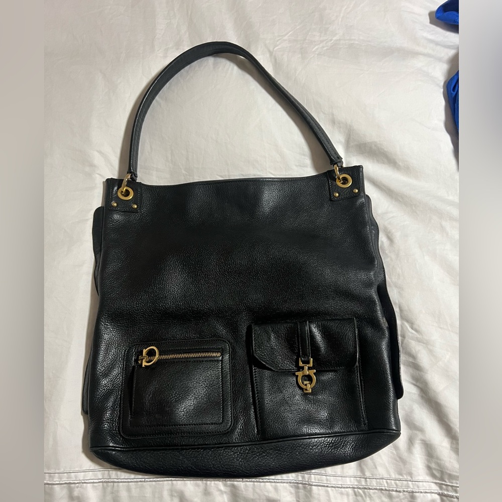 Salvatore Ferragamo Gancini Pockets Shoulder Hobo in Grainy Black Calfskin